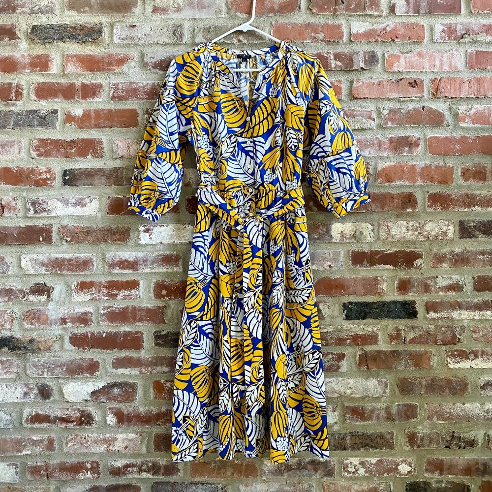 Talbots, YellowBlueWhite Dress, Button Front, Pockets, Waist Tie, Size 8P, NEW!